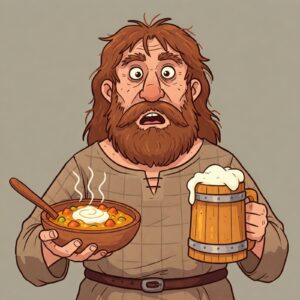Cartoon of a Celt holding a bowl of curry and a mug of beer