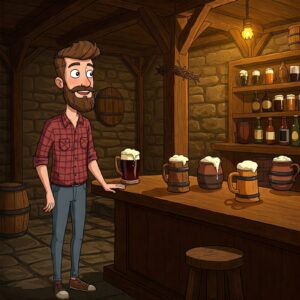 A cartoon of a hipster standing in a medieval bar with mugs of beer
