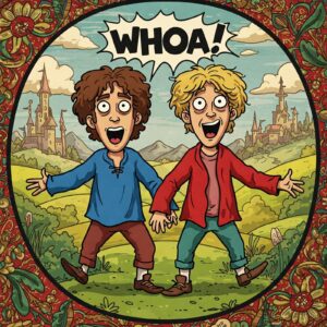 A cartoon of Bill and Ted in medieval attire esclaiming whoa!